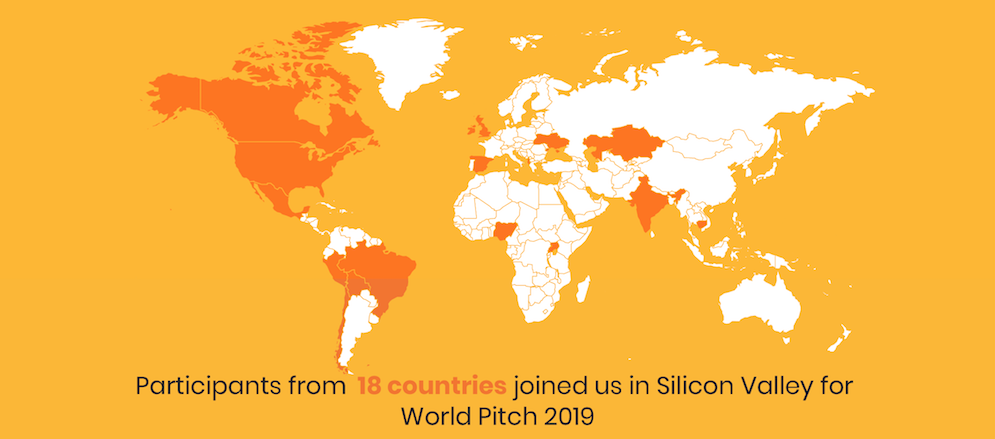 A map of the world with 18 countries highlighted for their attendance at Technovation World Pitch 2019