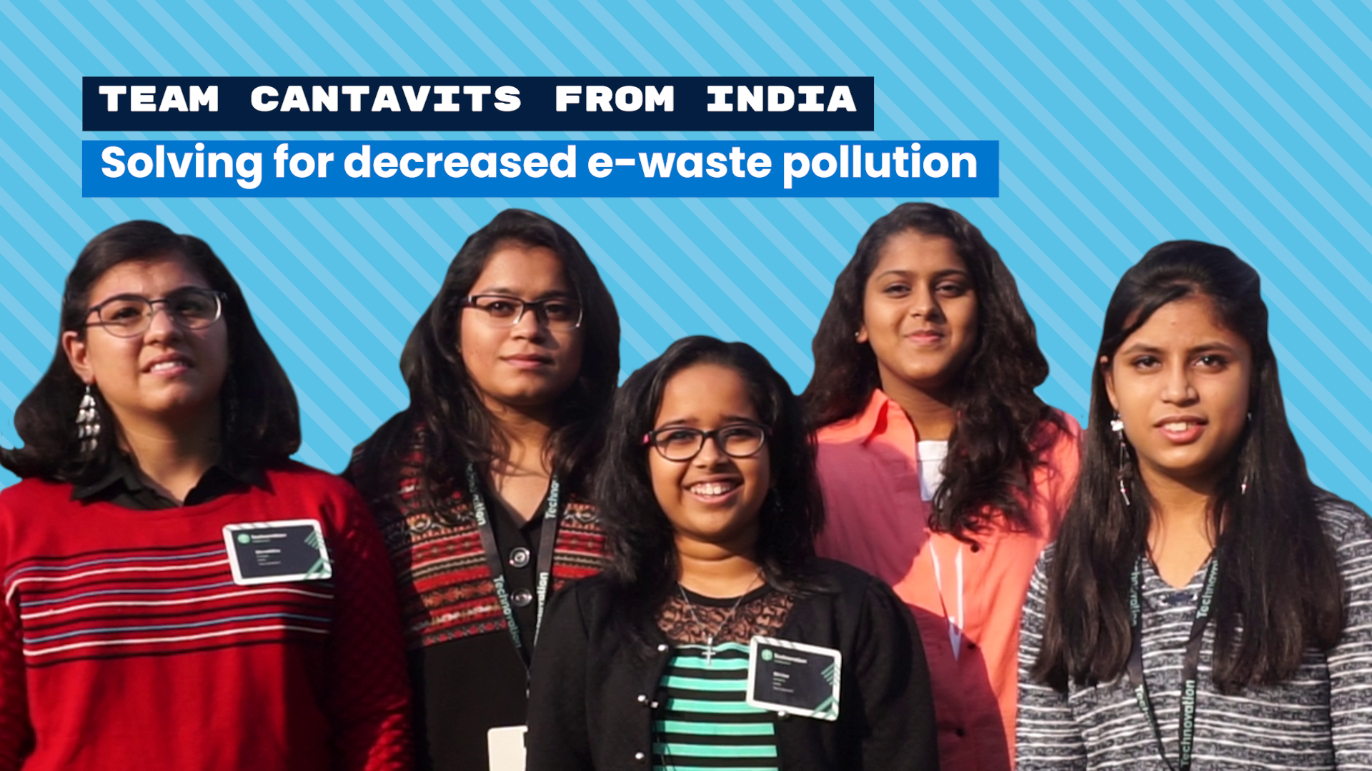 Technovation: Team Cantavits - five teenage girls from India smile and pose; image on a bright blue background