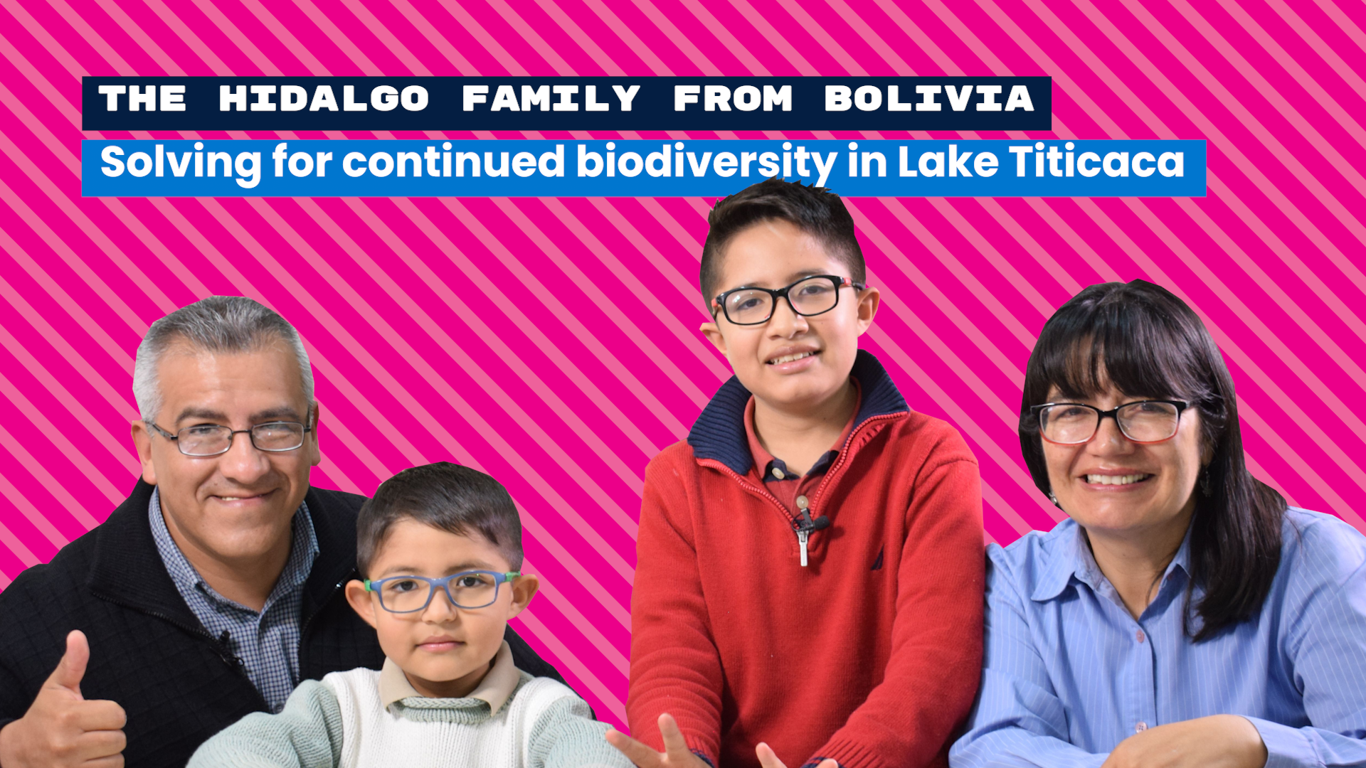Technovation Global Problem Solvers: Hidalgo family from Bolivia pose together, image on a bright pink background