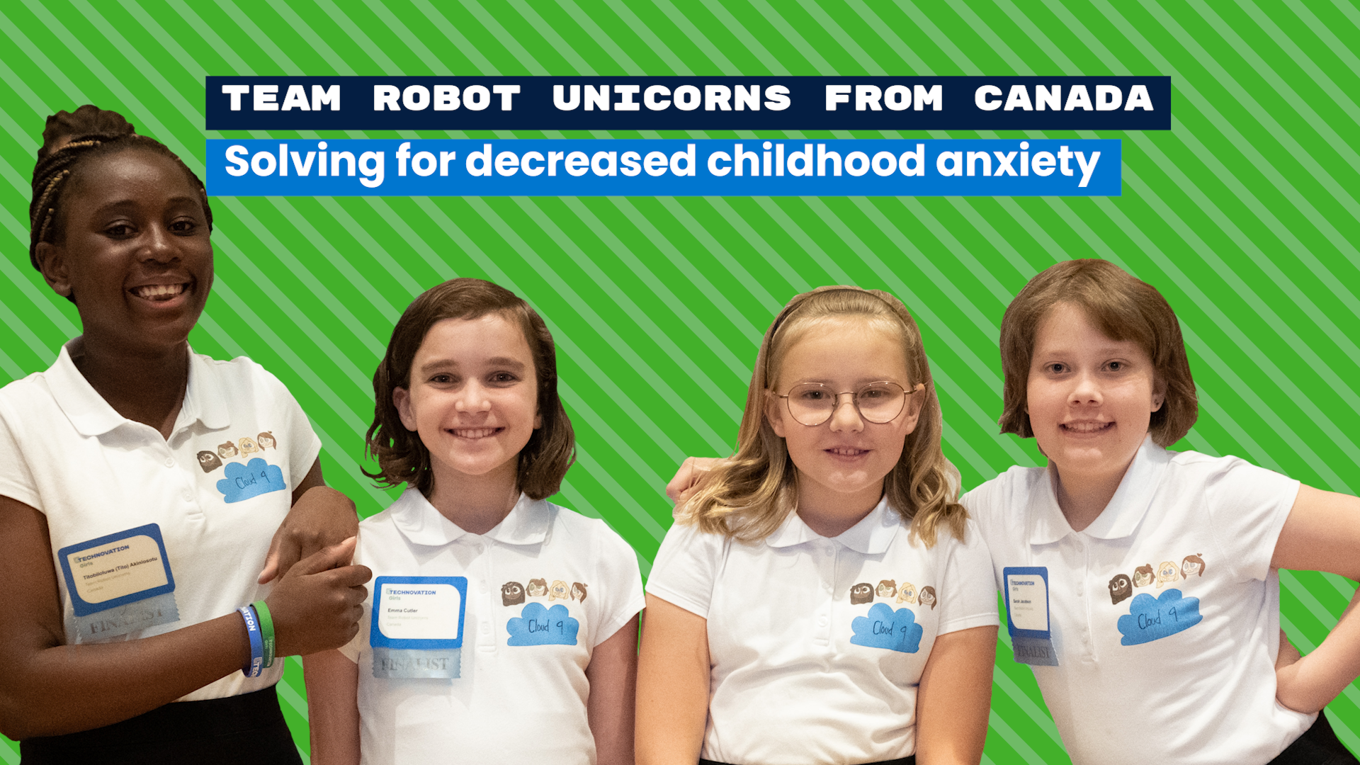 Technovation: Robot Unicorns - four 11 year-old girls in white polos smile and post; image on a bright greeen background