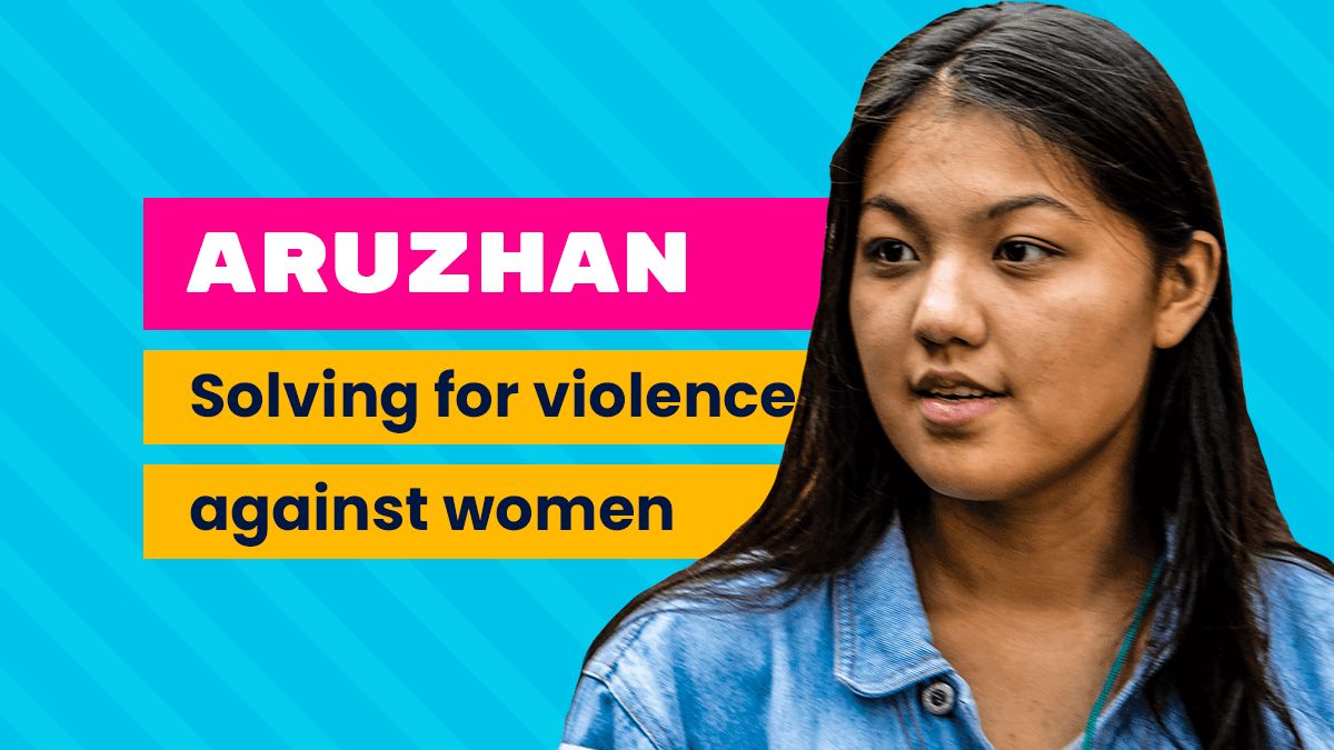 A young Kazakh woman smiling, on a bright blue background with the words "Aruzhan, solving for violence against women" 