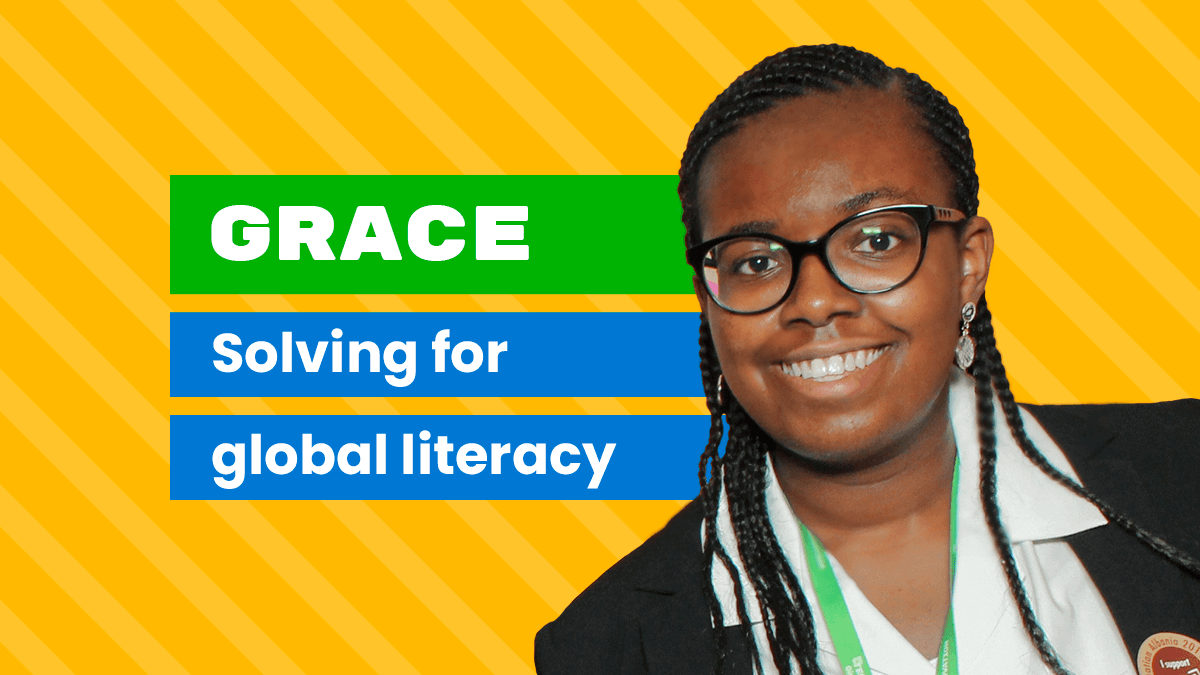 A young Black woman smiling, on a bright yellow background with the words "Grace, solving for global Illiteracy" 