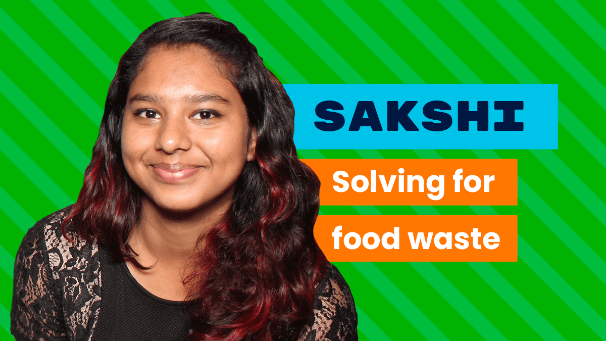 A young Indian woman smiles, on a bright green background with text reading "Sakshi- Solving for food waste"