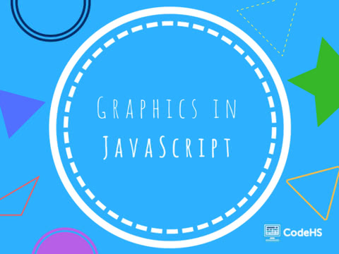 An illustration of a white circle on a blue background. Inside the circle is "Graphics in Javascript"