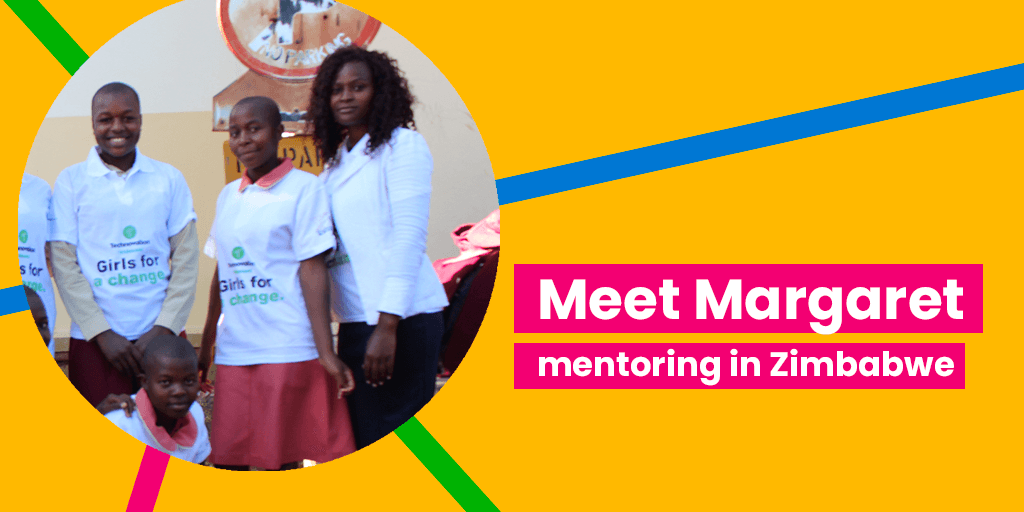 Technovation Mentor Feature A circular photo of a Zimbawen woman and her students 