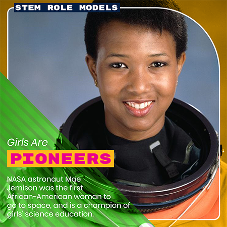 An image of Dr. Mae Jemison, the first woman of color in space, in her NASA spacesuit. The word 