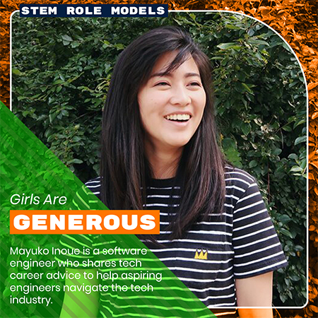 Mayuko, a Japanese-American software engineer and youtube creator smiles. The word 
