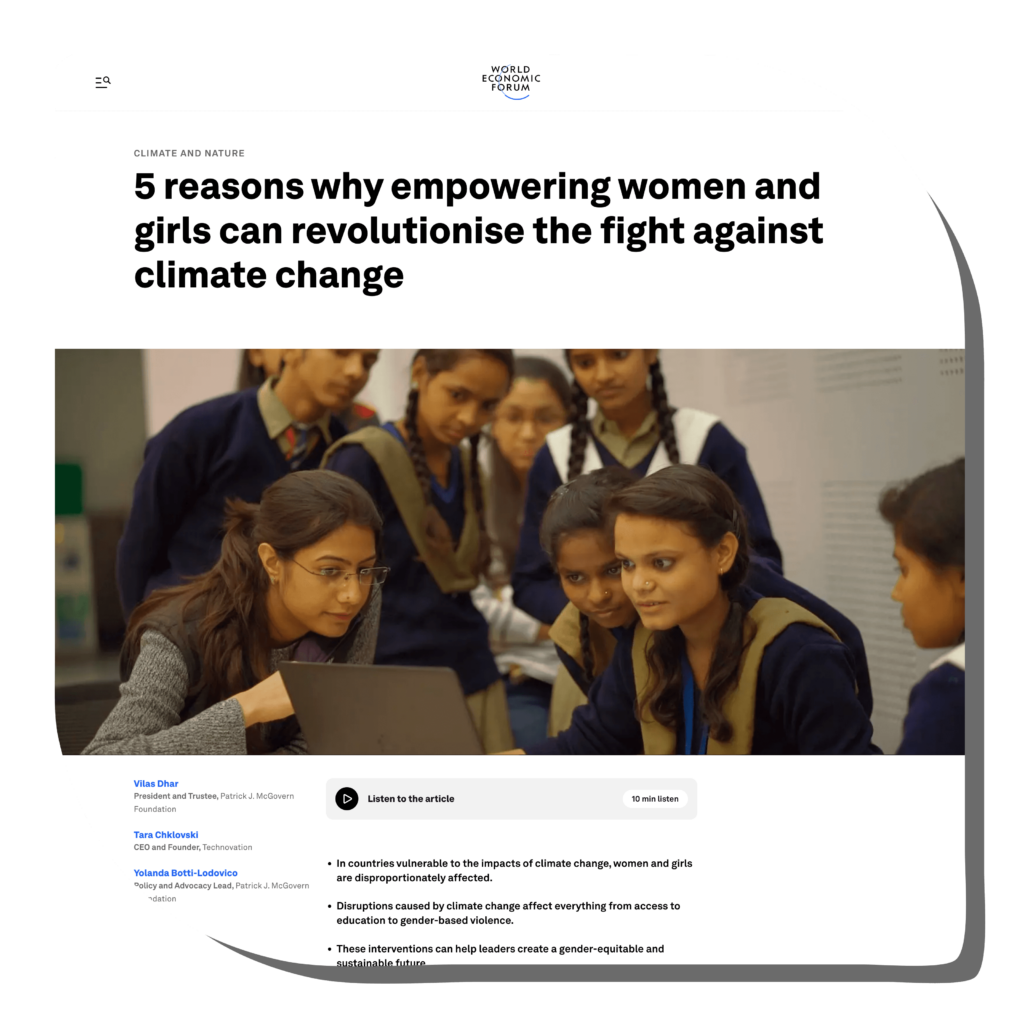 A snapshot of the article about girls and women and climate published on the World Economic Forum website by Technovation and Patrick J McGovern Foundation