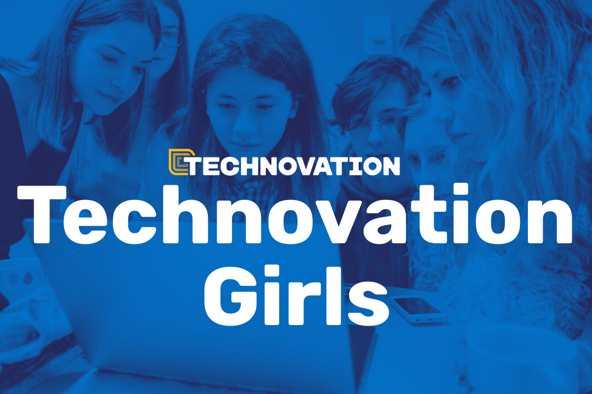 A feature image for Technovation Girls program, a groupsof girls and women lean in over a laptop. The photo has had a blue filter applied to it and over it are the technovation logo and the words "Technovation Girls"
